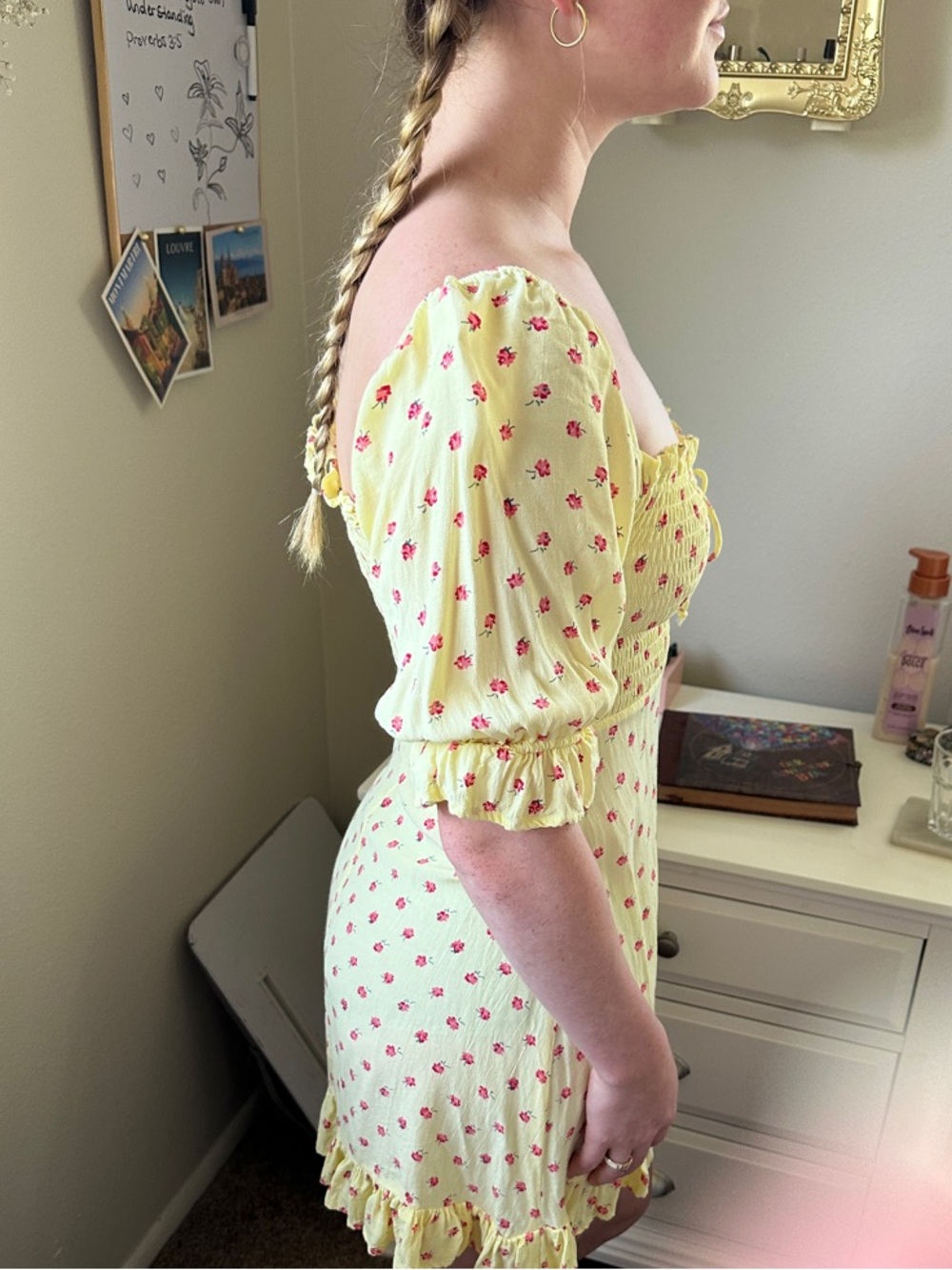 Faithfull the Brand Lemon Yellow Red Floral Smocked Mini Dress - Picture 4 of 6